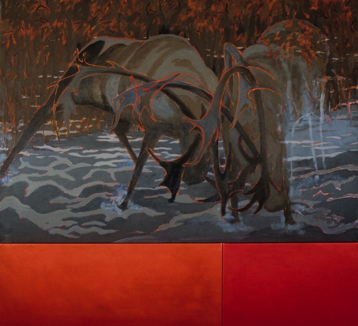 Caribou Clash, acrylic on canvas, 55” x 60”